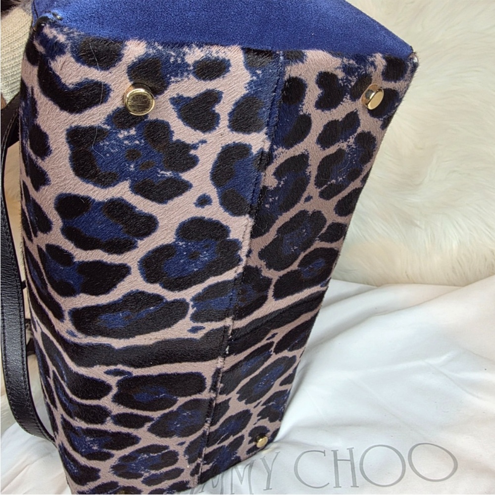 Jimmy Choo- Authentic 🍀 EUC! Alfie Blue Leopard Print Pony Hair/Suede 2 Way Bag - Picture 6 of 13